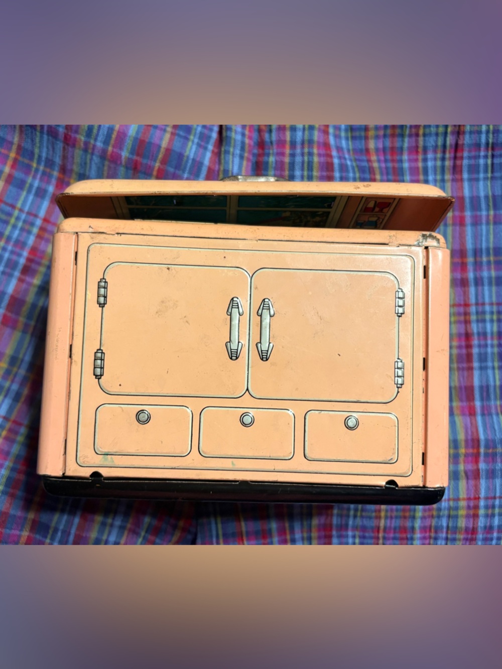 Vintage 1950s Cragstan tin litho toy kitchenette — rotating 4-in-1 design